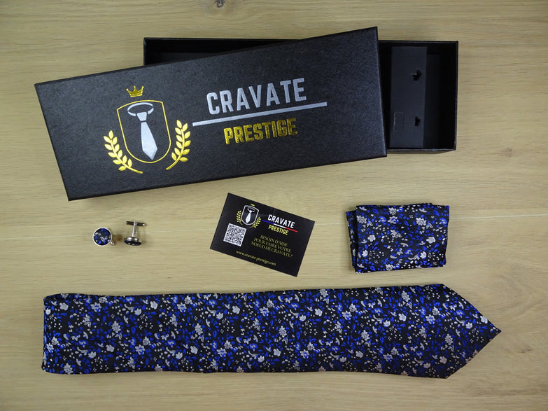 Coffrets Cravate Pack Prestige Bleu à Fleurs Blanche
