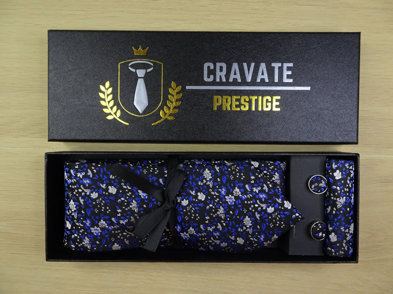 Coffrets Cravate Pack Prestige Bleu à Fleurs Blanche