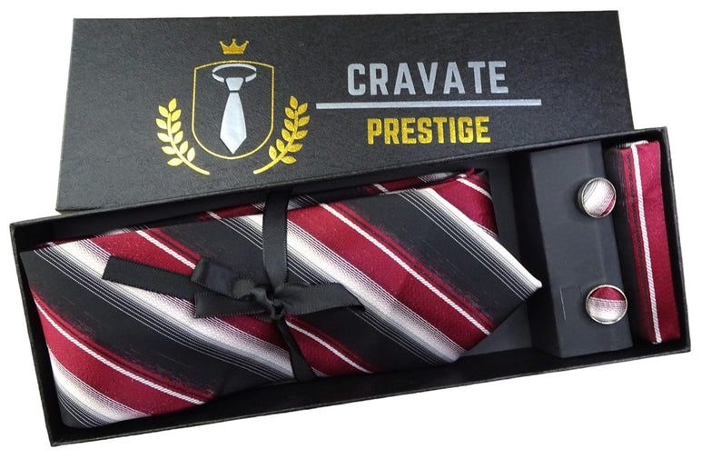 Coffrets Cravate Pack Prestige Bordeaux à Rayures Noire et Blanche
