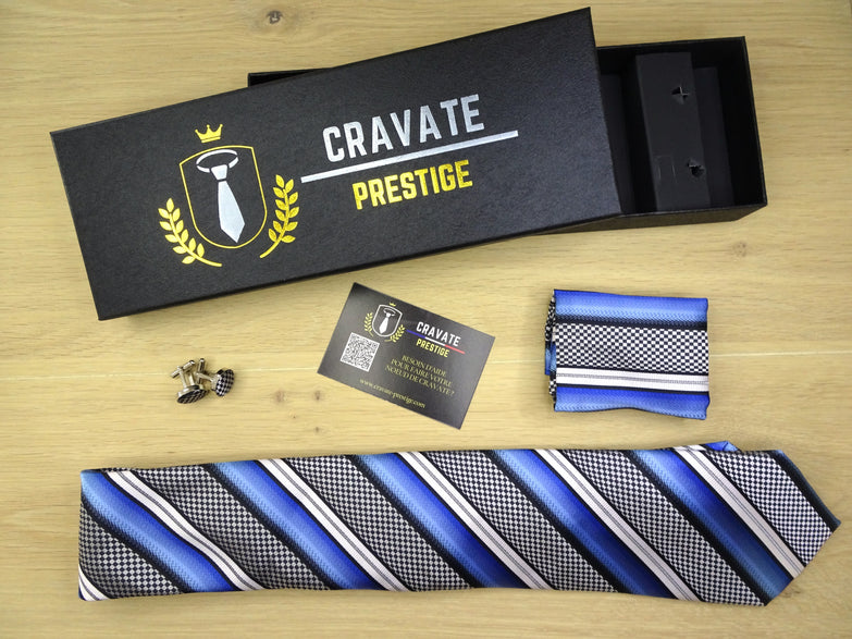 Coffrets Cravate Pack Prestige à Rayure Bleu Gris et Blanc