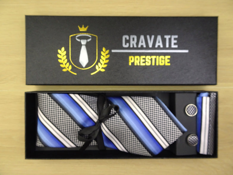 Coffrets Cravate Pack Prestige à Rayure Bleu Gris et Blanc