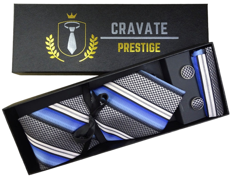 Coffrets Cravate Pack Prestige à Rayure Bleu Gris et Blanc