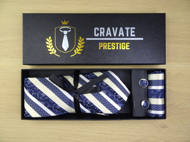 Coffrets Cravate Pack Prestige à Rayure Bleu et Blanc Floral
