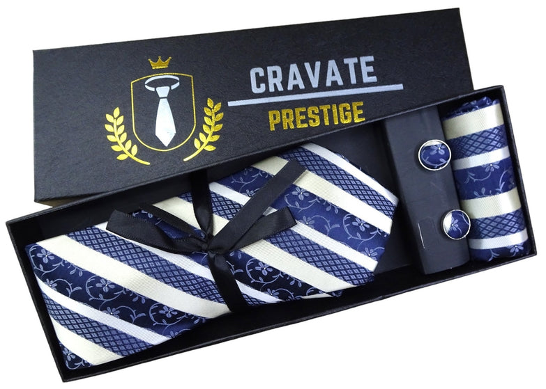 Coffrets Cravate Pack Prestige à Rayure Bleu et Blanc Floral – Élégance et Raffinement