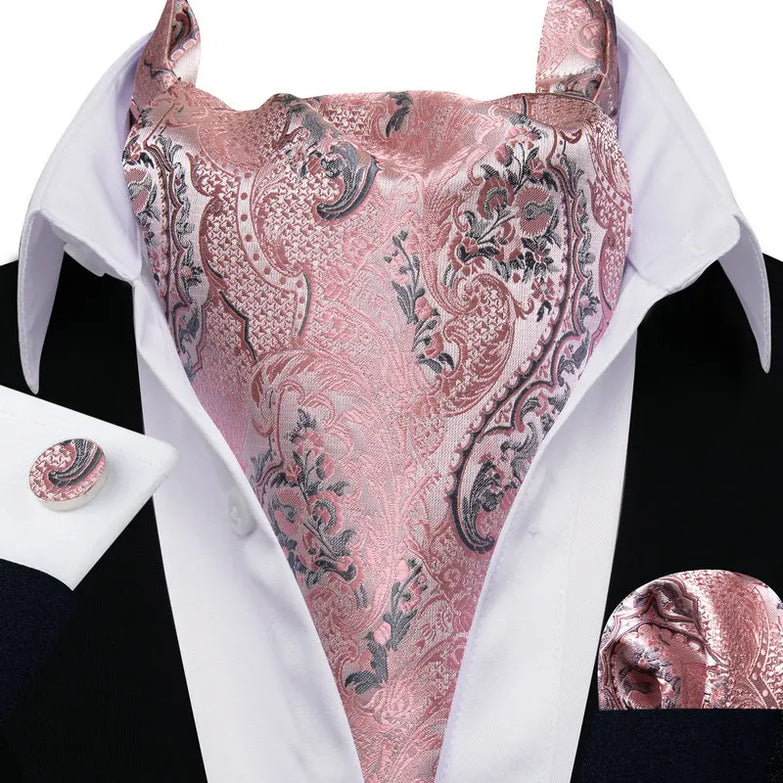 Cravate Ascot Rose et Grise Paisley