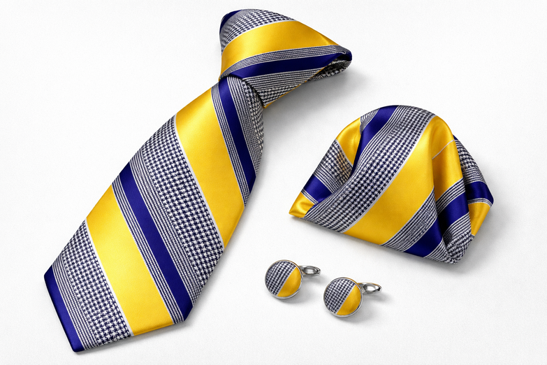 Cravate Jaune et Gris a Rayures Bleu