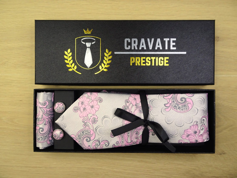 Cravate Pack Prestige Argent et Rose Floral