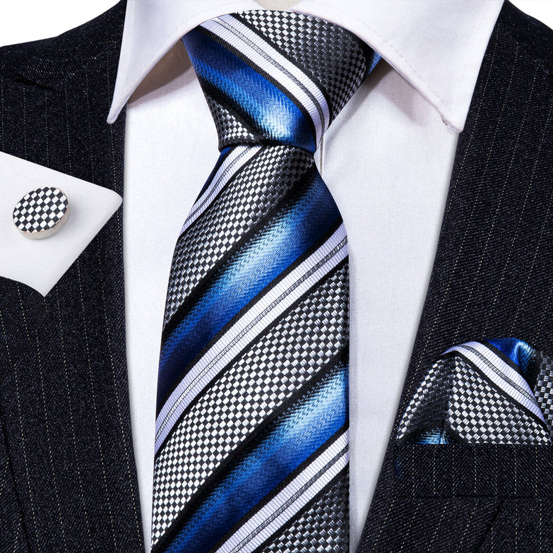 Cravate Pack Prestige à Rayure Bleu Gris et Blanc
