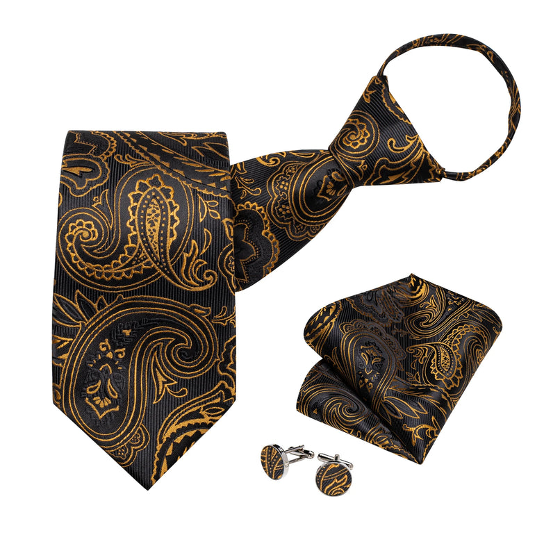 Cravate Pré Nouée Noire et Doré Motifs Paisley