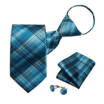 Ensemble Cravate Pré Nouée Bleu Turquoise Écossaise