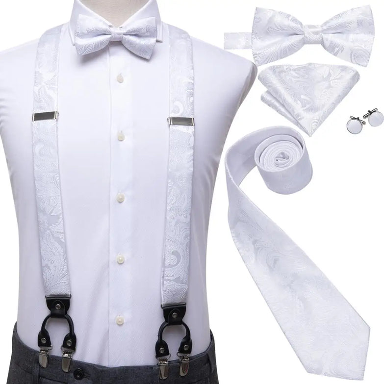 Set complet Bretelles Nœud Papillon et Cravates Blanc Paisley