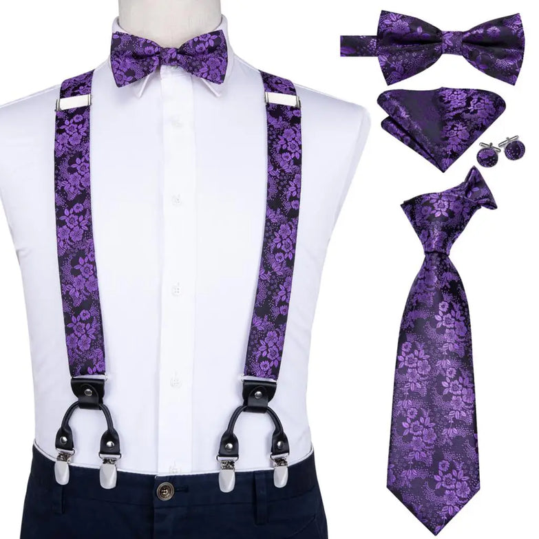 Set complet Bretelles Nœud Papillon et Cravates Violet Floral
