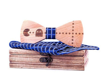 Nœud papillon en Bois Pac-Man à Carreaux Bleu