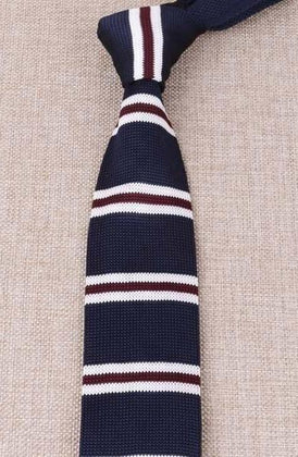 Cravate en Tricot Bleu Foncé Rayée Blanc & Rouge - Cravate Prestige