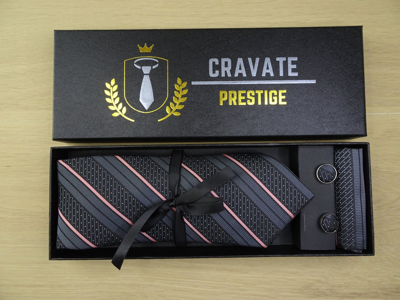 Coffrets Cravate Pack Prestige Noire à Rayures Rose