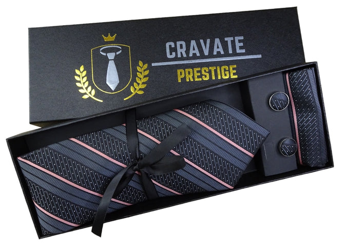 Coffrets Cravate Pack Prestige Noire à Rayures Rose