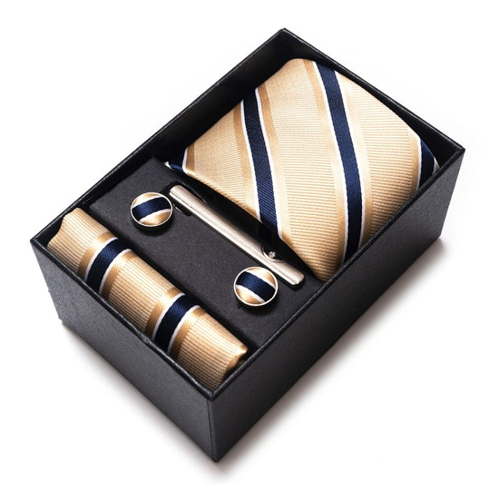 Coffret Cadeau Cravate Rayée Or et Bleu