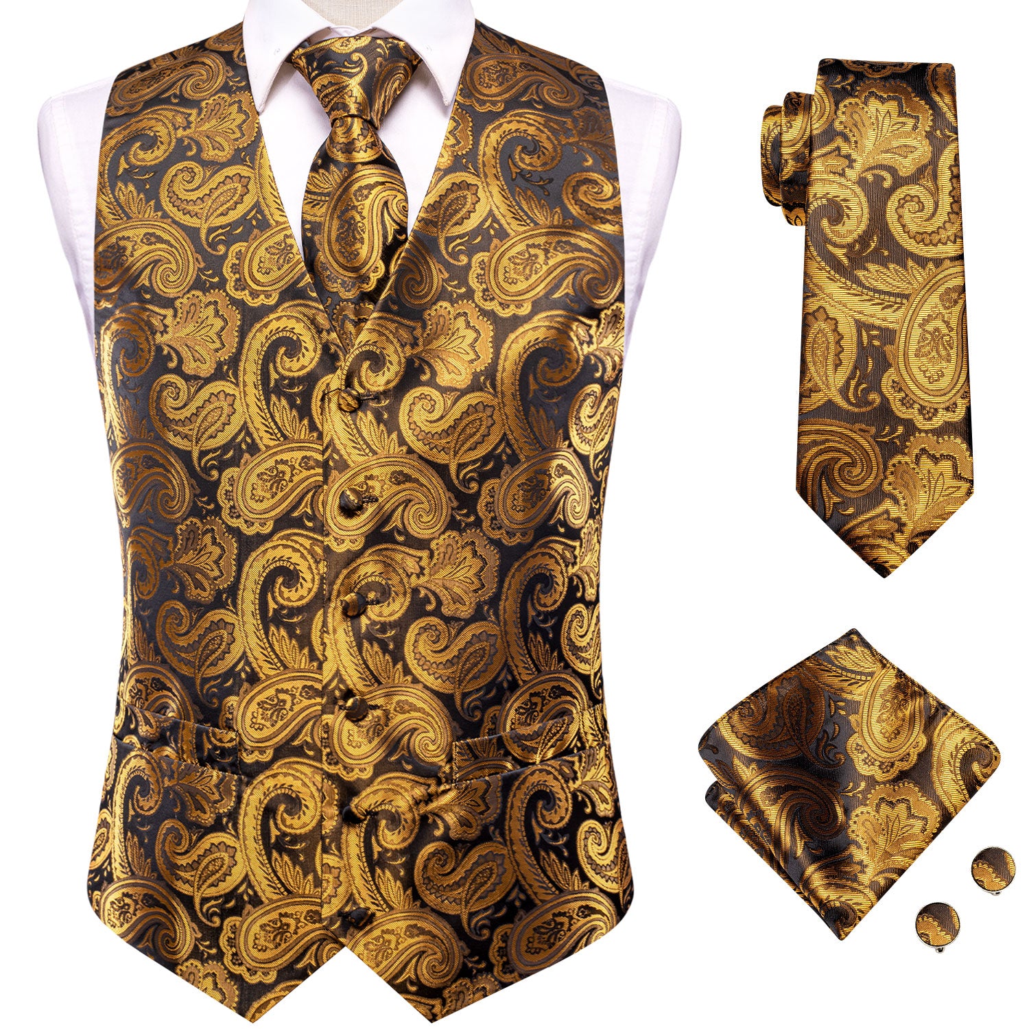 Gilet De Cérémonie Garçon DQT – Tissé Fleurs Doré – Communiant Ou Page 2-14 Ans