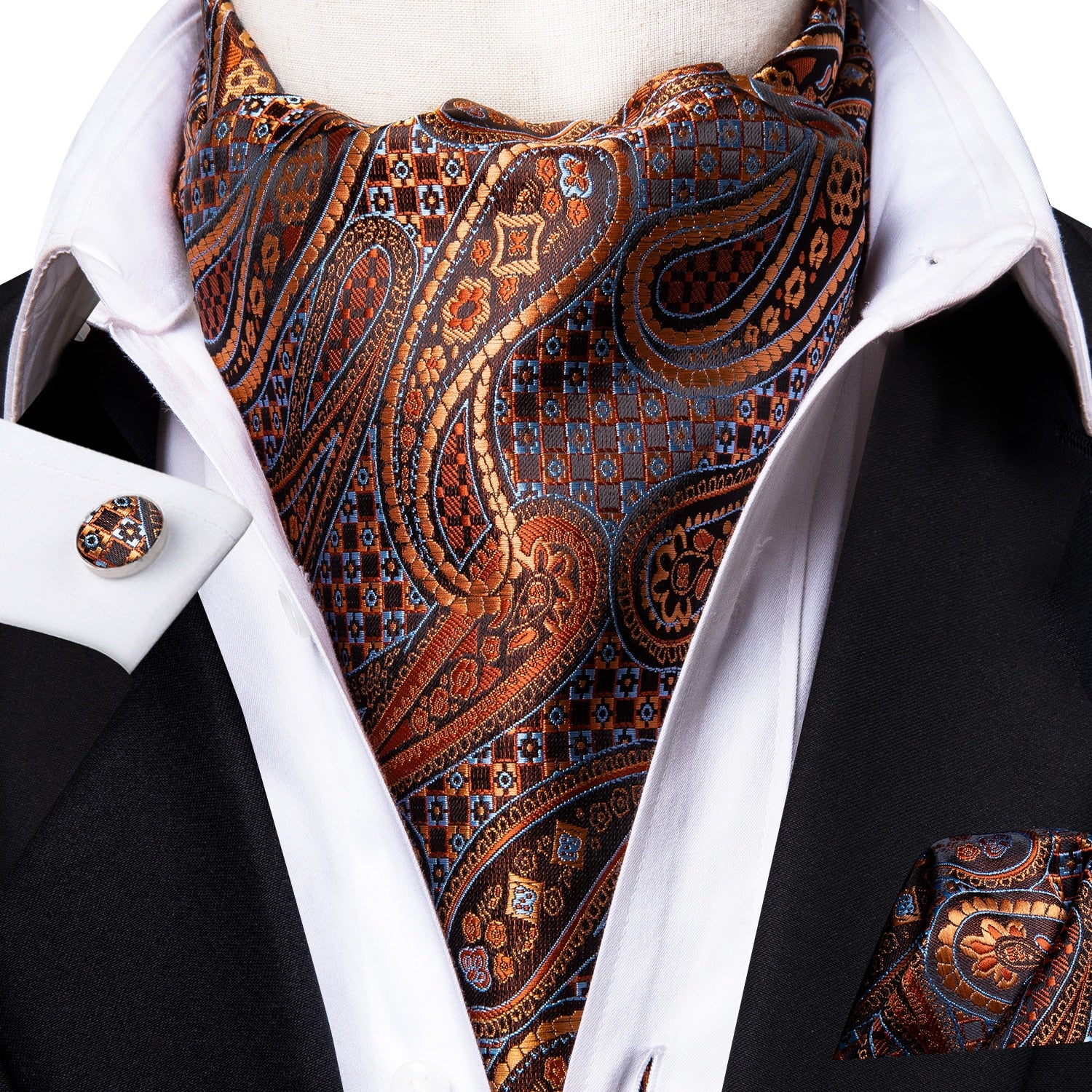 Cravate Paisley Argent-Orange Pour Homme + Pochette – Ensemble Élégant Jacquard Microfibre, Style Cachemire