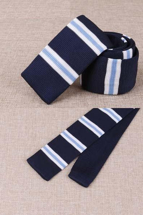Cravate en Tricot Bleu Rayée Bleu clair & Blanc - Cravate Prestige