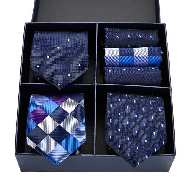 Coffret de Cravates Trio Bleu à Carreaux et Pois - Cravate Prestige